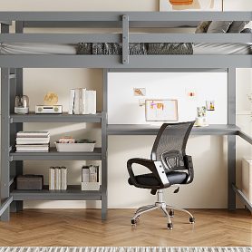 Twin Size Wooden Loft Bed with Shelves, Desk and Writing Board
