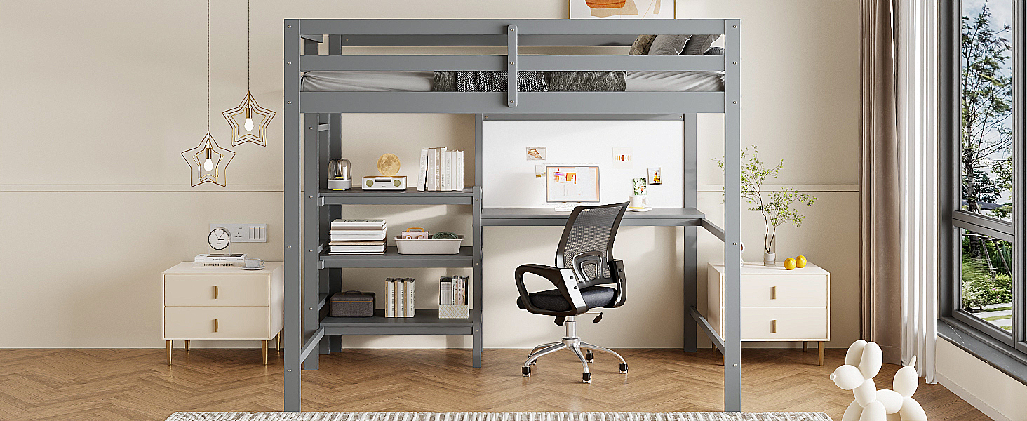 Twin Size Wooden Loft Bed with Shelves, Desk and Writing Board