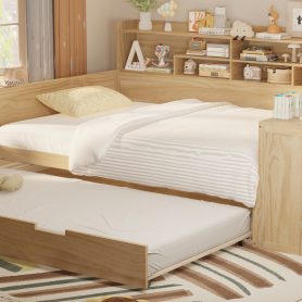 Wooden Full Size Daybed With Storage Shelves, Trundle Bed And Study Desk 37 Wooden Full Size Daybed With Storage Shelves, Trundle Bed And Study Desk