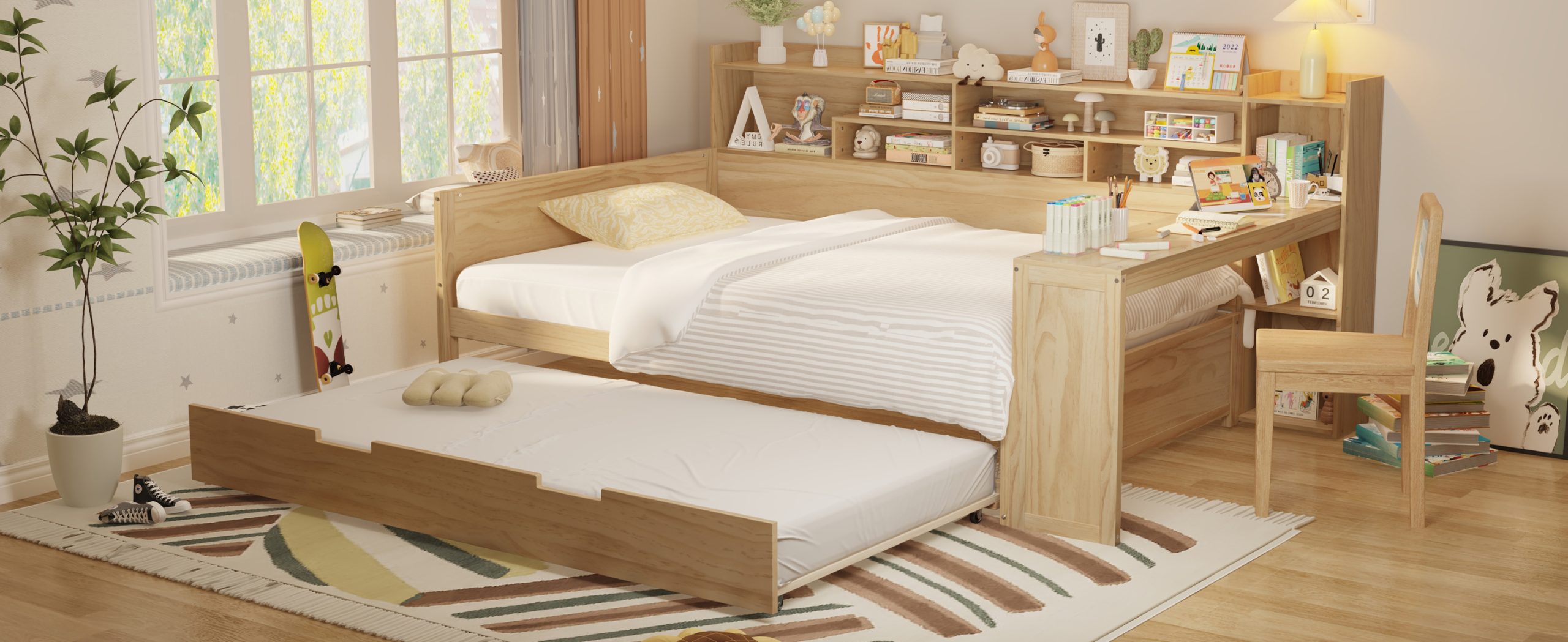 Wooden Full Size Daybed With Storage Shelves, Trundle Bed And Study Desk 19 Wooden Full Size Daybed With Storage Shelves, Trundle Bed And Study Desk