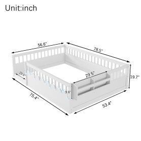 Full Montessori Floor Bed Frame With High Rails, Light And Storage Shelf