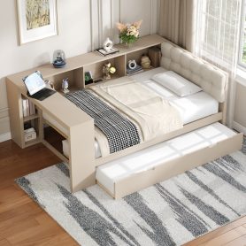 Wood Twin Size Platform Bed With Storage Shelves, Trundle, Charging Station And Upholstered Headboard