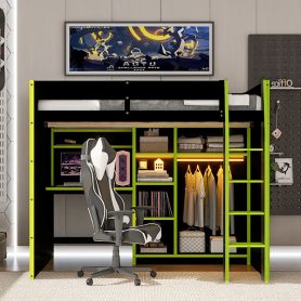 Full Size Wood Loft Bed with Desk, Open Wardrobe, Storage Compartments and RGB Lights