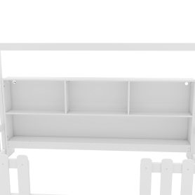 Wood Twin Size House Bed With LED Light, Storage Bookshelf, and Guardrails
