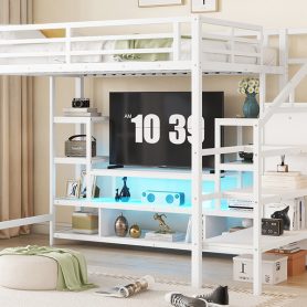 Full Size Metal Loft Bed With Tv Cabinet, Staircase And Wardrobe
