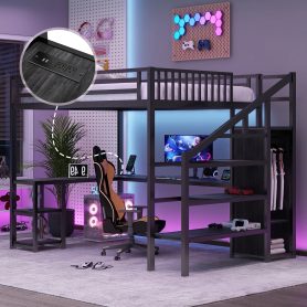Metal Queen Size Loft Bed With L-Shaped Desk, USB, Wardrobe And LED Light