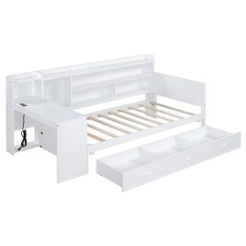Twin Size Wooden Daybed With 3 Drawers, USB Ports And Desk