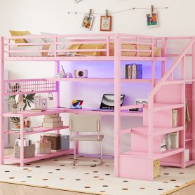 Metal Full Size Loft Bed With Staircase, Wardrobe, Desk, Storage Shelves, LED Lights and Charge Station