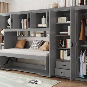 Twin Size Murphy Bed Wall Bed with Wardrobe, Cabinet and Desk