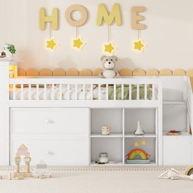 Wood Low Twin Size Loft Bed With LED, Bookshelf, Stairs, Storage Drawers And Shelves
