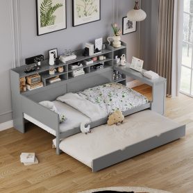 Wooden Twin Size Daybed With Storage Shelves, Twin Size Trundle Bed and  Study Desk