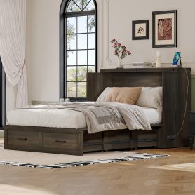 Full Size Farmhouse Murphy Cabinet Bed with Charging Station