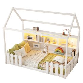 Wood Twin Size House Bed With LED Light, Storage Bookshelf, and Guardrails