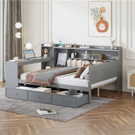 Full Size Wooden Daybed With 3 Drawers, USB Ports and Desk