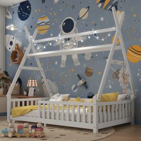 Low Floor Twin House Bed With Light, Fence And Roof