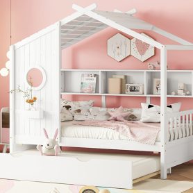 Wooden Twin Size House Bed With Trundle and Storage Shlef