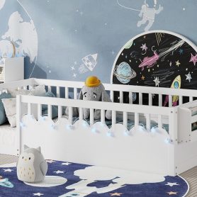 Twin Montessori Floor Bed Frame With High Rails, Light And Storage Shelf