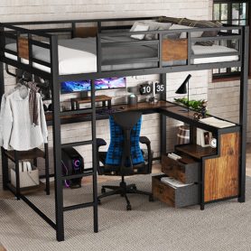 Metal Queen Loft Bed With Desk, Storage Non-woven Fabric Drawers, Ladders