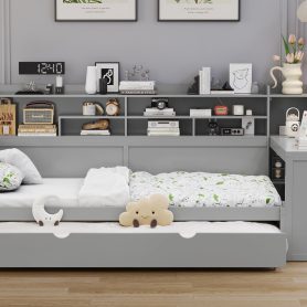 Wooden Twin Size Daybed With Storage Shelves, Twin Size Trundle Bed and  Study Desk