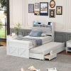 Twin Size Wooden Bed With Storage Headboard With Outlets, Twin Size Trundle With Three Storage Drawers