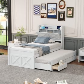 Twin Size Wooden Bed With Storage Headboard With Outlets, Twin Size Trundle With Three Storage Drawers