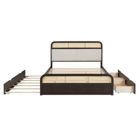 Queen Size Wooden Platform Bed With Trundle And 2 Drawers