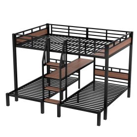 Metal Queen Over Twin Over Twin Bunk Bed With Storage Shelves And Storage Stairs