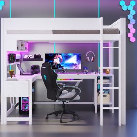 Wood Full Size Gaming Loft Bed with Desk, Storage Shelves, LED and Charging Station