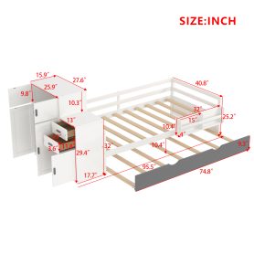 Twin Size Wood Platform Bed With Sample Bookshelf And Movable Wardrobe, Built-in Trundle Bed