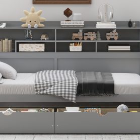 Wooden Twin Size Daybed With Storage Shelves, Two Storage Drawers  and  Study Desk