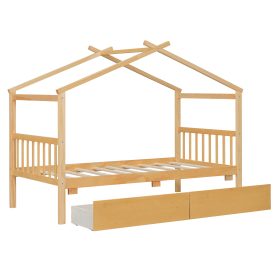 Twin Size Wooden House Bed with Drawers