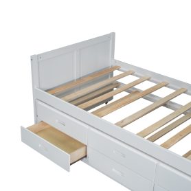 Twin Size Multifunctional Wood Platform Bed With Desk and Storage Shelf At The End Of The Bed, Built-in Trundle and 3 Drawers
