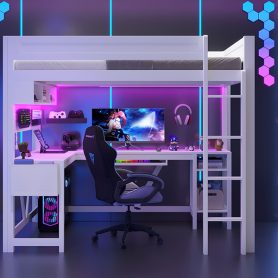 Wood Full Size Gaming Loft Bed with Desk, Storage Shelves, LED and Charging Station