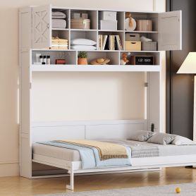 Queen Size Wall Murphy Bed With Ample Storage Space And Diamond Stripes