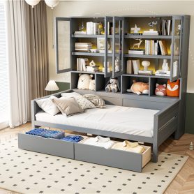 Twin Size Wooden Daybed With Glass-door Storage Cabinets, Built-in LED Lighting And Shelves