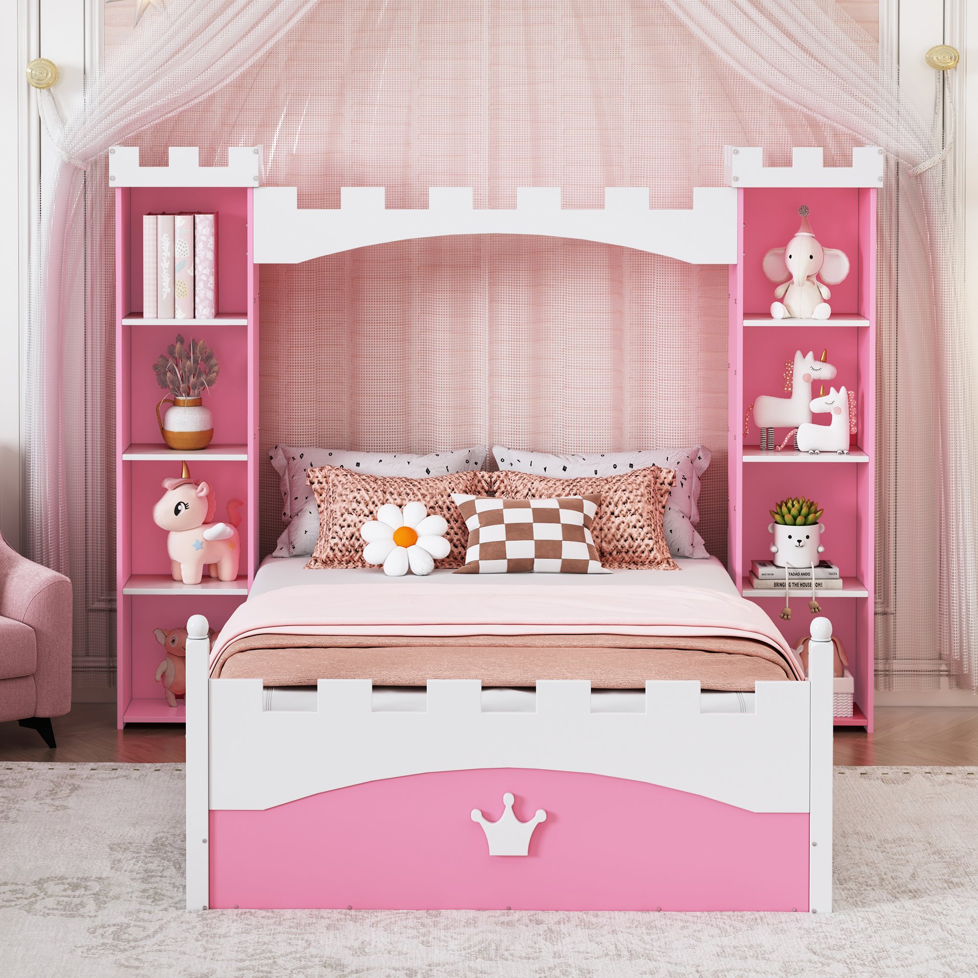 Castle-Shaped Twin Wooden Bed with Storage Shelf
