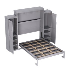Queen Size Murphy Bed with 2 Wardrobe and Storage Shelf,