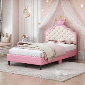 Twin Size  Lovely Crown Fantasy PU Leather Princess Bed With Tufted Headboard