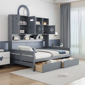 Full Size Wooden Daybed With 2 Drawers, and All-in-One Cabinet and Shelf