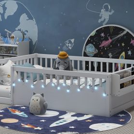 Full Montessori Floor Bed Frame With High Rails, Light And Storage Shelf