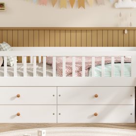 Twin Bed Frame With Storage 4 Drawers, Guardrail Headboard And Ladder