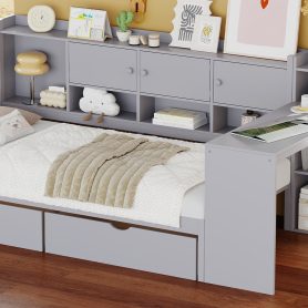 Wooden L-Shape Twin Daybed Frame with Study Desk and Built-in Bookshelf