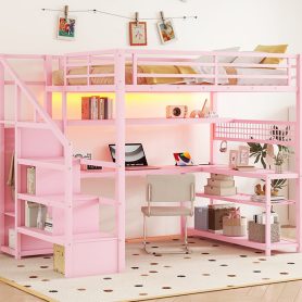 Metal Full Size Loft Bed With Staircase, Wardrobe, Desk, Storage Shelves, LED Lights and Charge Station