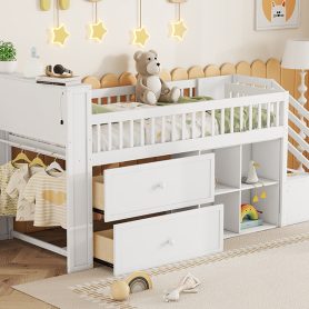 Wood Low Twin Size Loft Bed With LED, Bookshelf, Stairs, Storage Drawers And Shelves