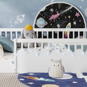 Full Montessori Floor Bed Frame With High Rails, Light And Storage Shelf