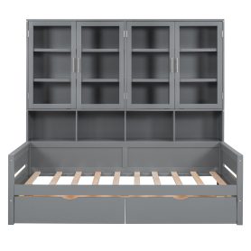 Twin Size Wooden Daybed With Glass-door Storage Cabinets, Built-in LED Lighting And Shelves