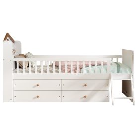 Twin Bed Frame With Storage 4 Drawers, Guardrail Headboard And Ladder