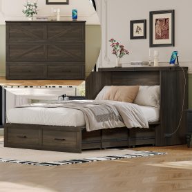Full Size Farmhouse Murphy Cabinet Bed with Charging Station