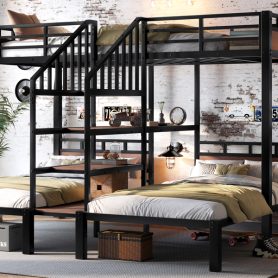 Triple Metal Twin Over Twin Over Twin Bunk Bed With Storage Shelves And Storage Stairs
