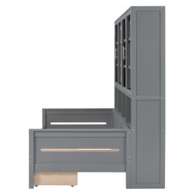 Twin Size Wooden Daybed With Glass-door Storage Cabinets, Built-in LED Lighting And Shelves